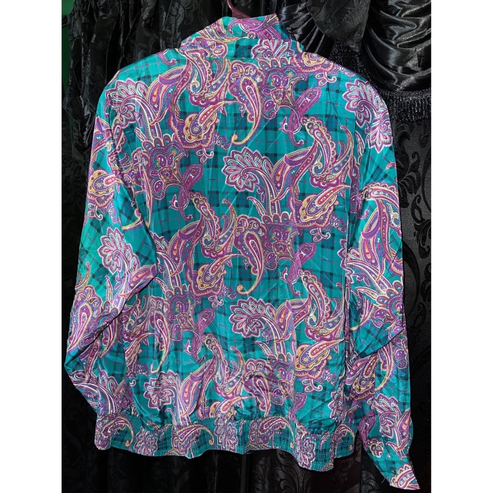Alfred Dunner Teal Paisley Plaid Tie Neck Blouse Smocked Hem Plus Size 22W - Picture 5 of 6